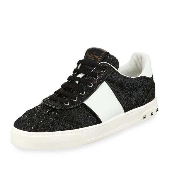 EUC Valentino Garavani Glitter Rockstud Lace Up Sneakers BLACK 37.5 FLY CREW - Picture 13 of 13